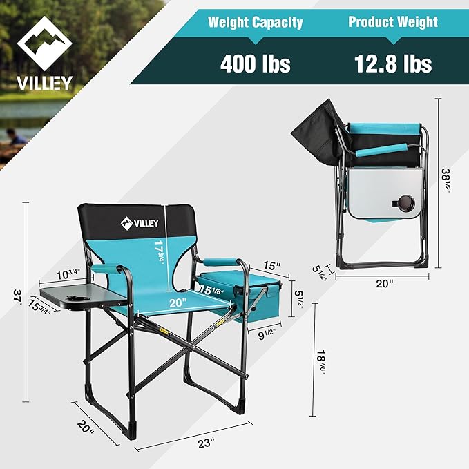 VILLEY Heavy Duty Directors Chair, Folding Camping Chairs, with Cooler Bag Portable Foldable Chair, for Camp Tailgating Lawn Picnic Fishing Beach, Supports 400 LBS, Blue