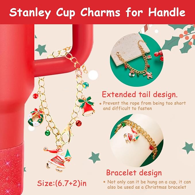 Christmas Stanley Cup Accessories Set,Including 2 Pcs 0.4in Christmas Straw Toppers, 8 Pcs 3D Stickers, 1 Pcs Handle Charm, 1 Silicone Boot Fits Stanley 40&30 Oz Tumbler (Glitter red)