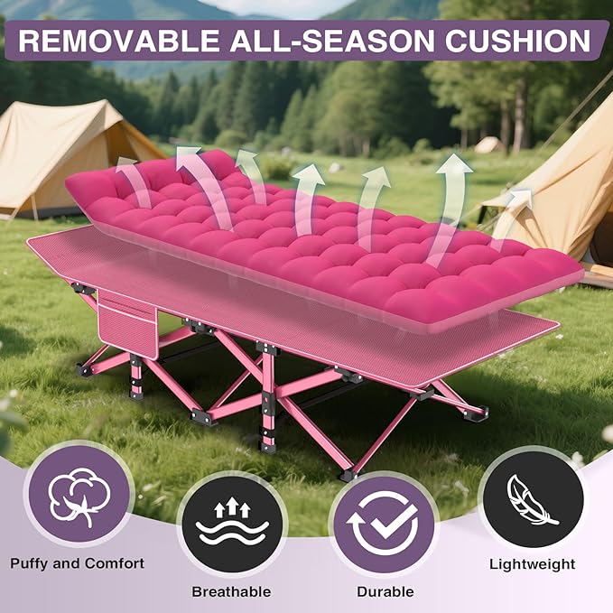 ZENPETIO Camping Cot for Adults - Heavy-Duty Cot Bed with Mattress, Portable Sleeping Cots for Outdoor Indoor, 1200D Oxford Folding Cots for Home Travel, Max Load 500LBS, Fits People up to 6'3", Pink