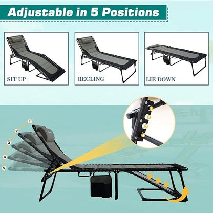 Outdoor Folding Lounge Chair Padded for Adults 264Ibs Patio Chaise Lounge Chair for Outside 5-Position Adjustable Reclining Beach Chair with Pillow Pocket