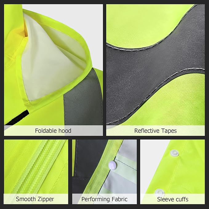 High Visibility Rain Suit - Waterproof Jacket and Pants with Hood, Class 3 Lightweight Hi Vis Rain Gear for Outdoor & Safety Work, Men Women, Yellow B, L-XL