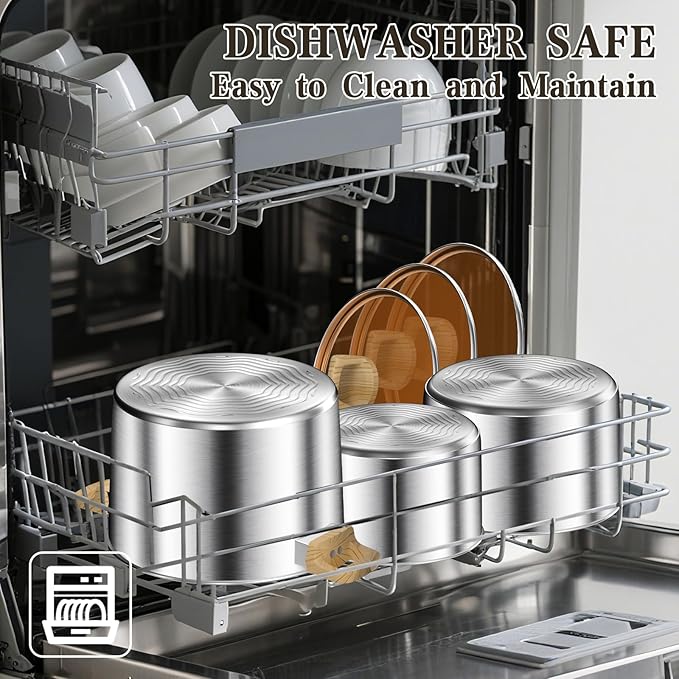 13-Piece Stainless Steel Cookware Set with Nonstick Frying Pans, Sauce Pots & Stock Pot, Heavy Duty Pots and Pans Set, Wooden Handles & Triple Layer Bottom, Induction Cookware, Easy to Clean