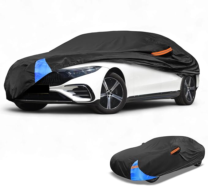 Waterproof All-Weather Universal Car Cover with Right Side Zipper, 190T Polyeste Black Blue Fits for Sedan Up to 165" Length