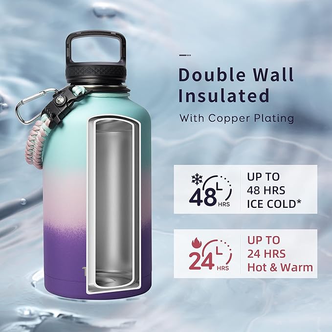 Trebo Water Bottle Insulated with Lid and Straw, Double Wall Vacuum Stainless Steel Metal Tumbler Sports Flask with Paracord Handle, Keep Cold 48 Hours Water Cup with 3 Lids, Hydrangea