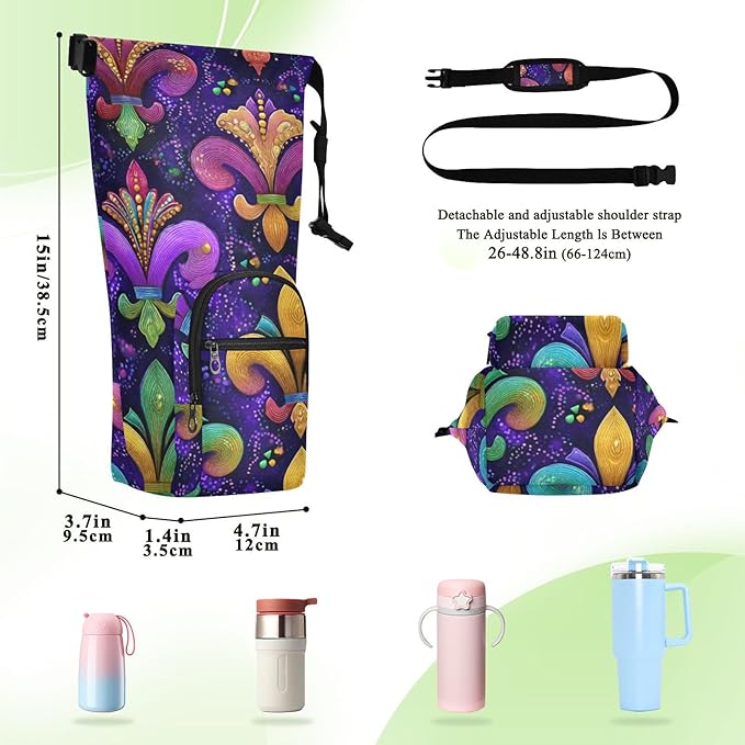 Pik Purple Mardi Gras Pattern Water Bottle Holder with Strap Insulated Water Bottle Carrier Crossbody Bags Pouch with Phone Pocket for Travel Gym Hiking Walking Running