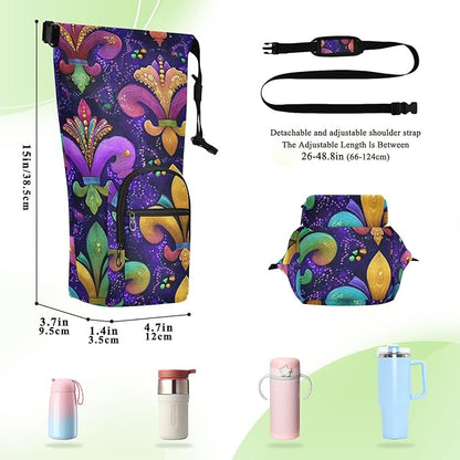 Pik Purple Mardi Gras Pattern Water Bottle Holder with Strap Insulated Water Bottle Carrier Crossbody Bags Pouch with Phone Pocket for Travel Gym Hiking Walking Running