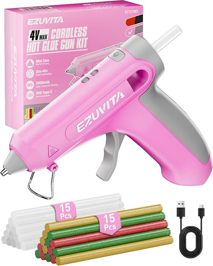 4V Pink Cordless Hot Glue Gun Kit with 30 Multi-Color Glue Gun Sticks, Fast Preheating, USB-C Rechargeable with 2600mAh Built-in Battery, Less-Drip Hot Melt Glue Gun for DIY, Crafting, Art