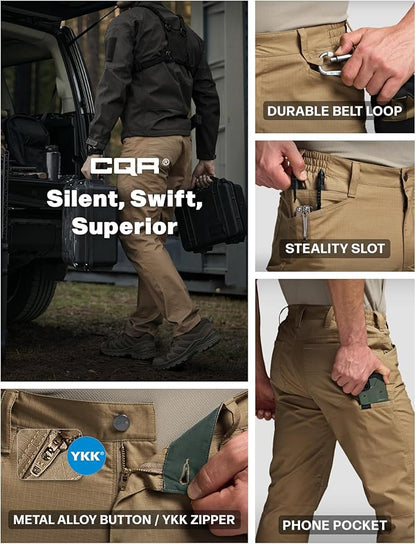 CQR Men's Flex Stretch Tactical Pants, Water Resistant Ripstop Cargo Pants, Lightweight EDC Outdoor Work Hiking Pants
