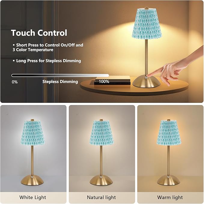Cordless LED Table Lamp with Dimmer, Built-in Rechargeable Battery, 3-Level Brightness, Patio Table Lamp, Bedside Night Lamp, Ambient Light for Restaurant, Antique Brass (Green Flower)