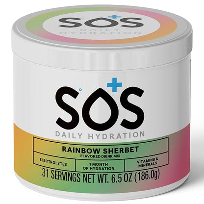 SOS Hydration Electrolyte Powder Drink Mix | 31 Servings | Low Sugar | 15 Calorie | Keto-Friendly & Rapid Rehydration | Rainbow Sherbert