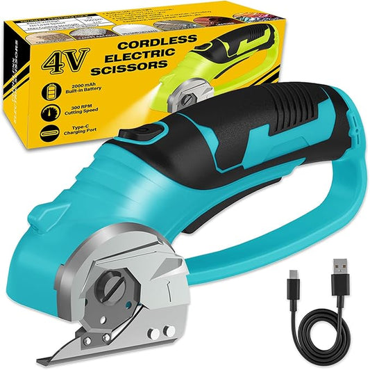 Cordless Electric Scissors, 4V Box Cutter & Cardboard Cutter with Upgrade Blade, LED Light, Safety Lock - Rechargeable Rotary Cutter for Fabric, Leather, Plastic, Sewing, Industrial (Aqua Blue)