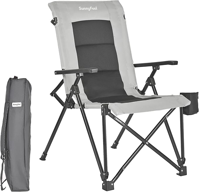 SUNNYFEEL Ergonomic High Back Camp Chair - 500lbs Heavy Duty Folding Chair, UV-Resistant Portable Camp Chair with Hard Armrests, Cup Holder＆ Bag for Outdoor, Basebal, Travel, Sports, Hiking, Fishing