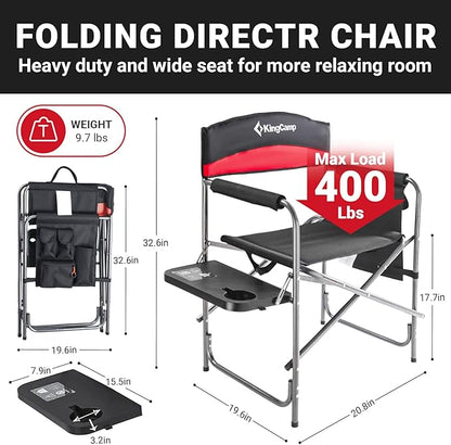 KingCamp Heavy Duty Camping Director Chair, Folding with Side Table & Storage, Red