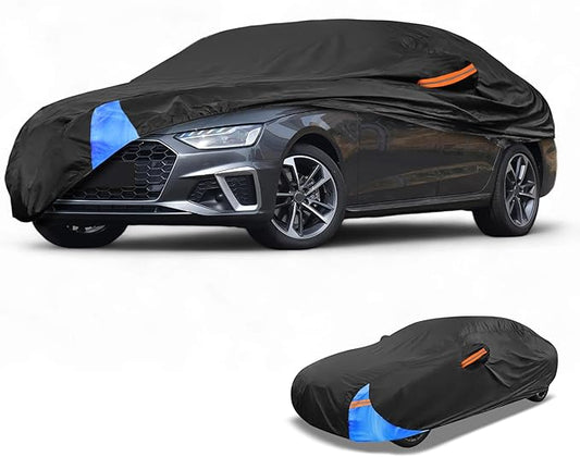 Waterproof All-Weather Universal Car Cover with Right Side Zipper, 190T Polyeste Black Blue Fits for Sedan 177" to 185" Length