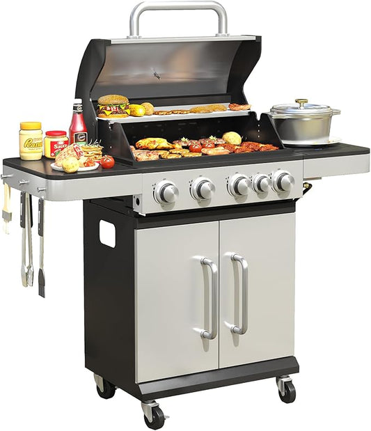 DIFY 4-Burner Propane Gas BBQ Grill with Side Burner and Porcelain-Enameled Cast Iron Grates, 46500 BTU Output Stainless Steel Grill for Outdoor Cooking Kitchen & Patio Backyard Barbecue, Silver