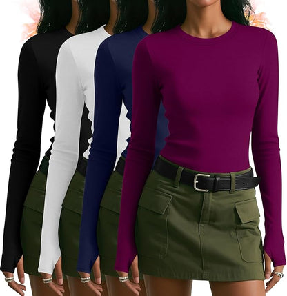 Neer 4 Pack Women's Fleece Thermal Long Sleeve Shirts, Thumb Holes Crew Neck Slim Fit Tops Warm Workout Basic Undershirt