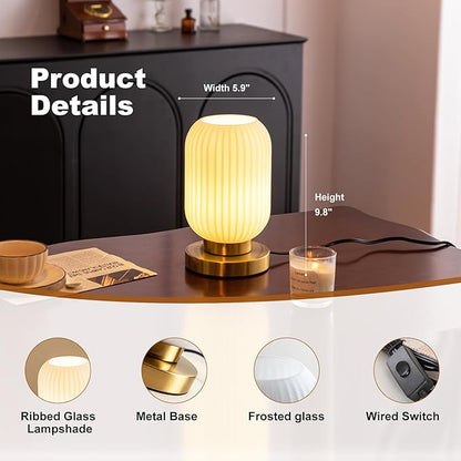 Modern Ribbed Glass Table Lamps Mid Century Bedside Light Small Nightstand Lamp with Plug-in Style, E26 Ambient Lighting for Bedroom Living Room Tabletop, Milky White