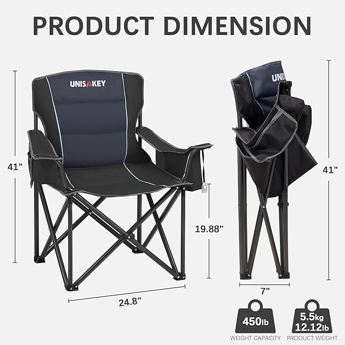 Oversized Folding Camping Chair for Adults - 450lbs Support - Heavy Duty Portable Lawn Chairs with Side Pocket Cup Holder Cooler Bag for Sports Garden Beach Fishing, Black