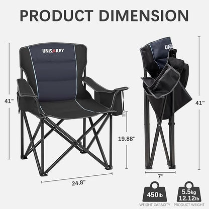 Oversized Folding Camping Chair for Adults - 450lbs Support - Heavy Duty Portable Lawn Chairs with Side Pocket Cup Holder Cooler Bag for Sports Garden Beach Fishing, Black