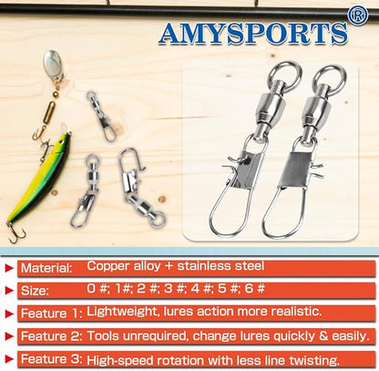 AMYSPORTS Fishing Swivels with Interlock Snap Ball Bearing Swivels Fishing Snap Swivels Saltwater Freshwater Fishing Tackle Leader Lure Jigs Line Fishing Connector