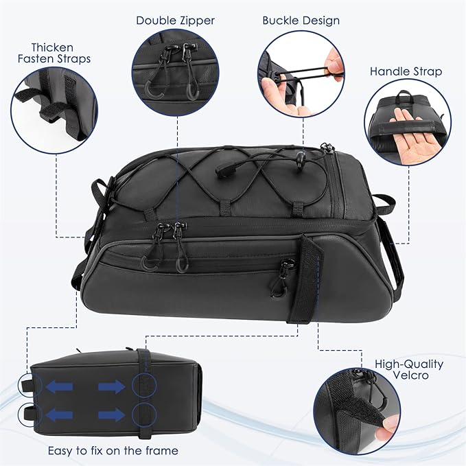 WOTOW Bike Rack Bag Waterproof - 9.5L Large Capacity Bike Trunk Bag, Reflective Bicycle Saddle Panniers, Cycling Bags Back Seat Storage Cargo Carrier Pouch with Shoulder Strap & Hook