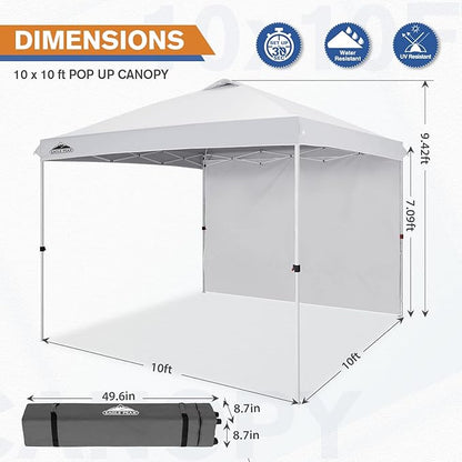 EAGLE PEAK Pop Up Canopy Tent with 1 Sidewall, Easy Setup Event Tent, Outdoor Sun Shade, Wheeled Carry Bag, Stakes and Guy Ropes, Instant Canopy 10x10, White