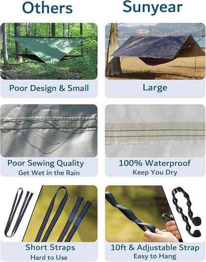 Sunyear Hammock Camping with Rain Fly Tarp and Net, Portable Camping Hammock Double Tree Hammock Outdoor Indoor Backpacking Travel & Survival, 2 Tree Straps,100% Waterproof