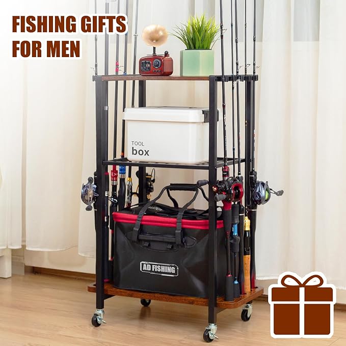 Fishing Rod Holders for Garage, Fishing Gear Tackle Cart Fishing Pole Organizer, Fishing Gear Storage Racks Holds up to 10 Rods or Combos, Fits All Fishing Rods