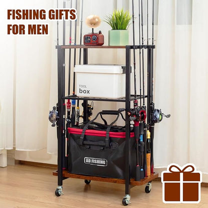 Fishing Rod Holders for Garage, Fishing Gear Tackle Cart Fishing Pole Organizer, Fishing Gear Storage Racks Holds up to 10 Rods or Combos, Fits All Fishing Rods