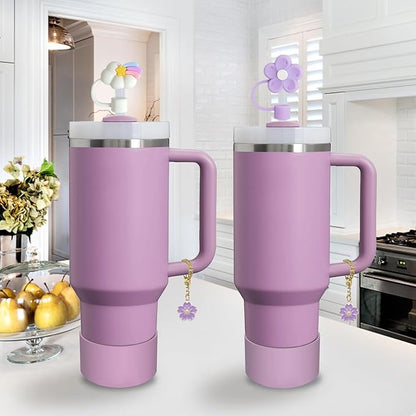 Stanley Cup Accessories Set,Including 2 Pcs 0.4in Straw Cover, 1 Silicone Spill-Proof Stopper Set of 3, 1 Cute Purple Flower Handle Charm, 1 Silicone Boot Fits Stanley 40&30 Oz Tumbler (Lilac)