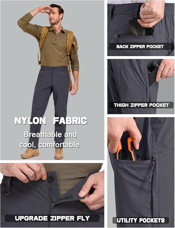 Mens Lightweight Cargo Hiking Patns Outdoor Quick Dry Work Tactical Pants with 6 Pockets Water Resistant Fishing Travel Pants