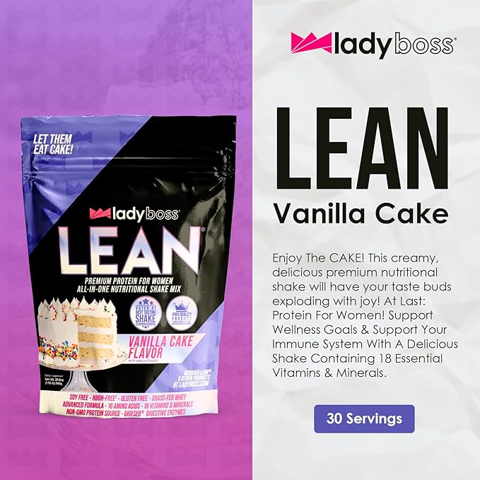 LadyBoss Lean Protein Shake Vanilla Cake Flavor - Meal Replacement & Craving Support with Grass-Fed Whey, 18 Vitamins & Nutrients - 30 Servings