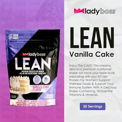 LadyBoss Lean Protein Shake Vanilla Cake Flavor - Meal Replacement & Craving Support with Grass-Fed Whey, 18 Vitamins & Nutrients - 30 Servings
