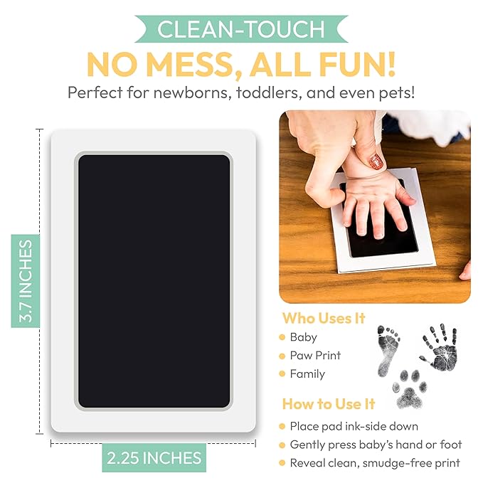 Clean Touch Ink Pad for Baby Handprints and Footprints – Inkless Infant Hand & Foot Stamp – Safe for Babies, Doesn’t Touch Skin – Perfect Family Memory or Gift – Black Print Kit by Tiny Gifts