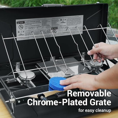 Camping Stove, 3 Burners Propane Portable Camp Stove with Regulator & Griddle, Push-Button Instant Ignition, Portable Camp Grill, Adjustable Burners for Camping Cooking (BLACK-20400 BTUs)