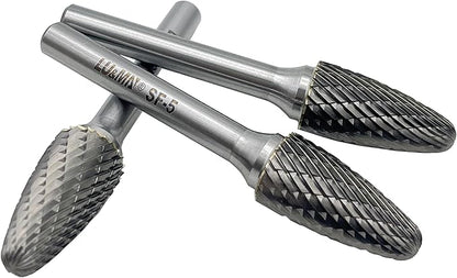 LU&MN SF-5 Tungsten Carbide Burr Tree Shape Radius End Double Cut Rotary Burr File (1/2” Cutter Dia X 1”Cutter Length) with 1/4'' Shank, 3PCS
