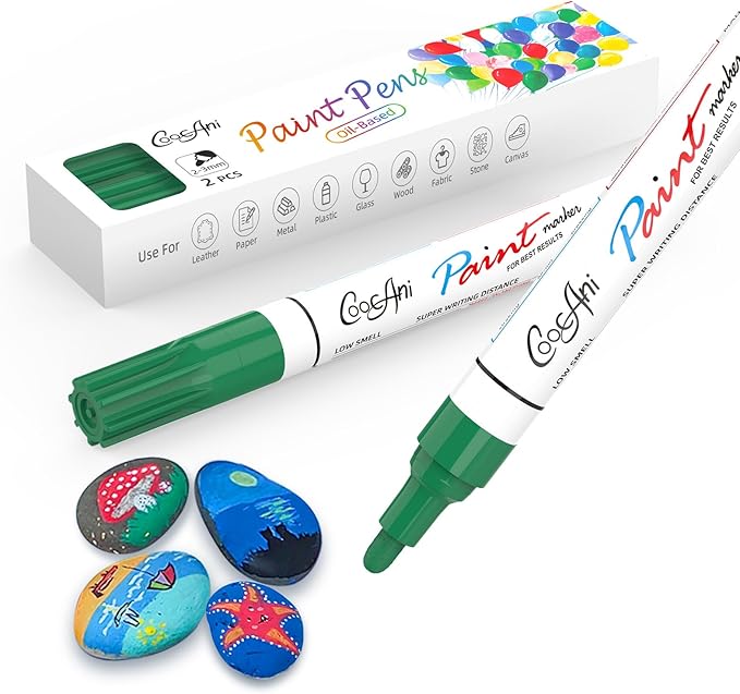 Green Permanent Markers Paint Pens, 2 Pack Oil Based Opaque Paint Markers for Metal,Canvas,Wood,Rock Painting, Ceramic, Glass, Fabric Art Supplier (Green,2 Pack)