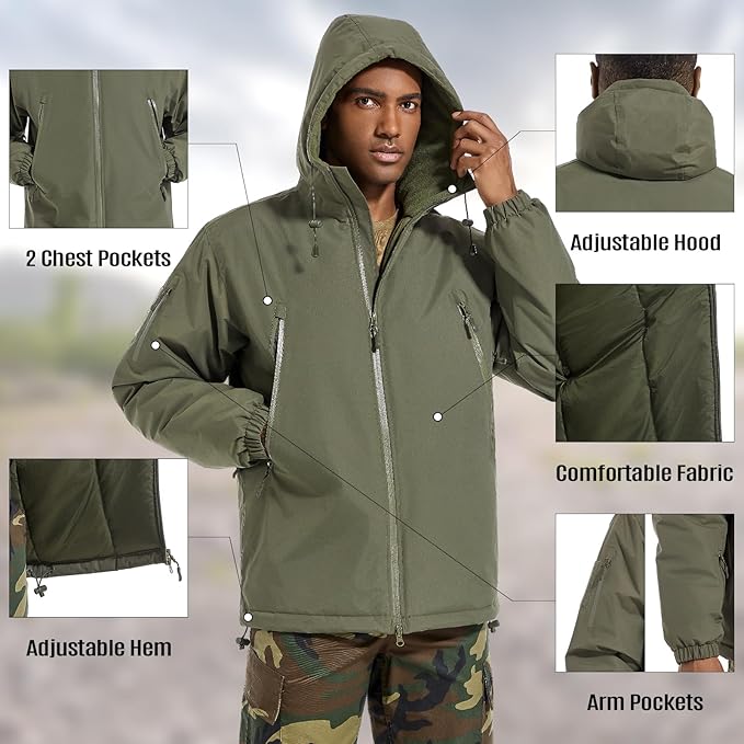 Men's Lightweight Softshell Jacket Waterproof Insulated Windbreaker Tactical Jacket Coat with Hood