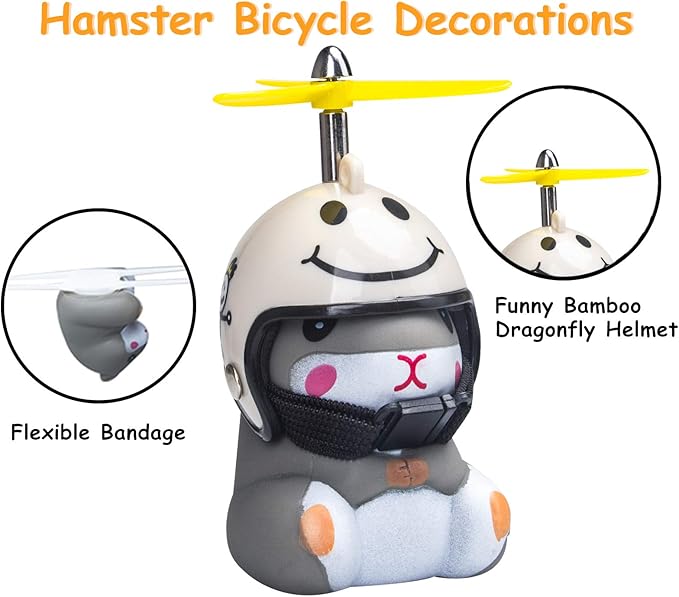 wonuu Duck Bike Bell with Light and Helmet Cute Hamster Bicycle Horn, Dashboard Decoration Hamster Toy Motorcycle Bike Bells Rubber Duck Car Dashboard Decorations (White Smile-Hamster)