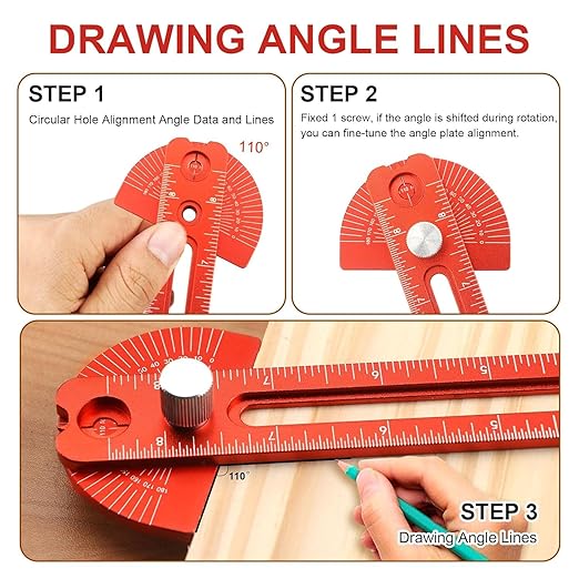 Woodworking Ruler, Adjustable Mark Angle & Straight line Scribe, Precision Pocket Ruler Metal Metric & Inch Portable Slide Rule Woodworking Tool T Square with Protractor Angle Finder (red in 3pcs)