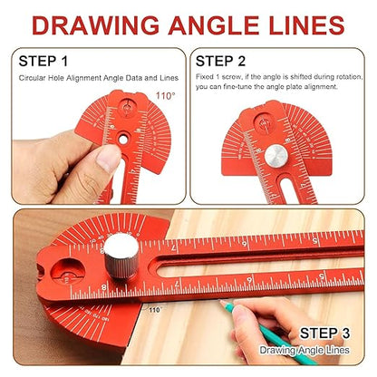 Woodworking Ruler, Adjustable Mark Angle & Straight line Scribe, Precision Pocket Ruler Metal Metric & Inch Portable Slide Rule Woodworking Tool T Square with Protractor Angle Finder (red in 3pcs)