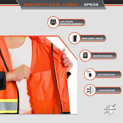 SKSAFETY Hi Vis Reflective Rain suits for Men Waterproof - High Vis Safety Rain Jacket, High Visibility Raincoat for Men