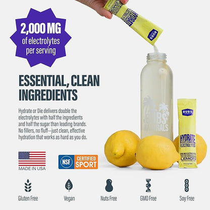 BUBS Naturals - Hydrate or Die Electrolytes Powder Packets for Fast Absorption | Premium 2000mg Electrolyte Powder | for Sports, Recovery & Well-Being (Natural Lemon Flavor, 20 Sticks)