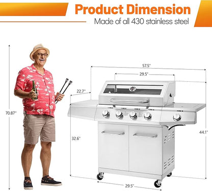 5-Burner Propane Gas Grill with Side Burner, 50,000 BTU, Stainless Steel 4+1 BBQ Grill, Porcelain-Enameled Cast Iron Grates,Locking Casters, Outdoor Grill for Patio & Backyard