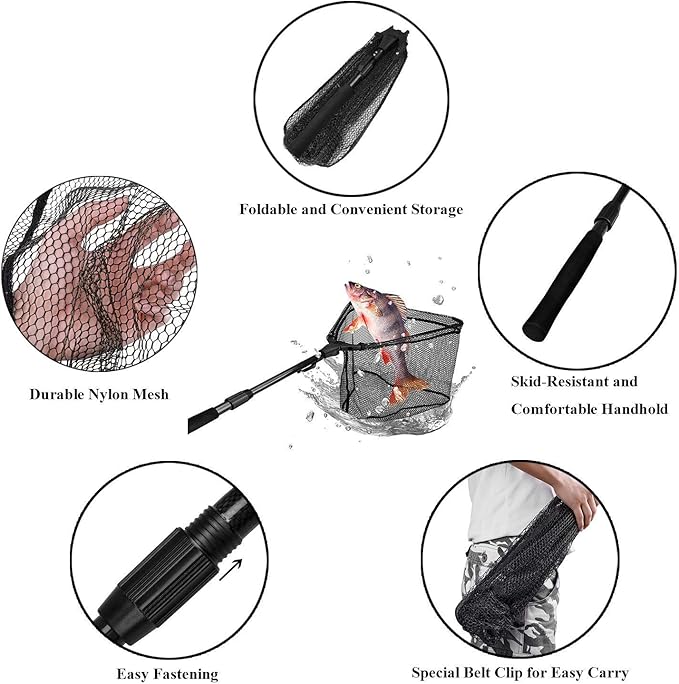 PLUSINNO Fishing Net Fish Landing Net, Foldable Collapsible Telescopic Pole Handle, Durable Nylon Material Mesh, Safe Fish Catching or Releasing