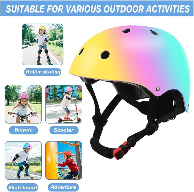 Color Gradient Adjustable Kids Bike Helmet with Knee & Elbow Pads Set | Multi-Sport Safety Gear for Boys & Girls Ages 5-14 | Skateboarding, Scooters, Roller & Inline Skating, Longboarding
