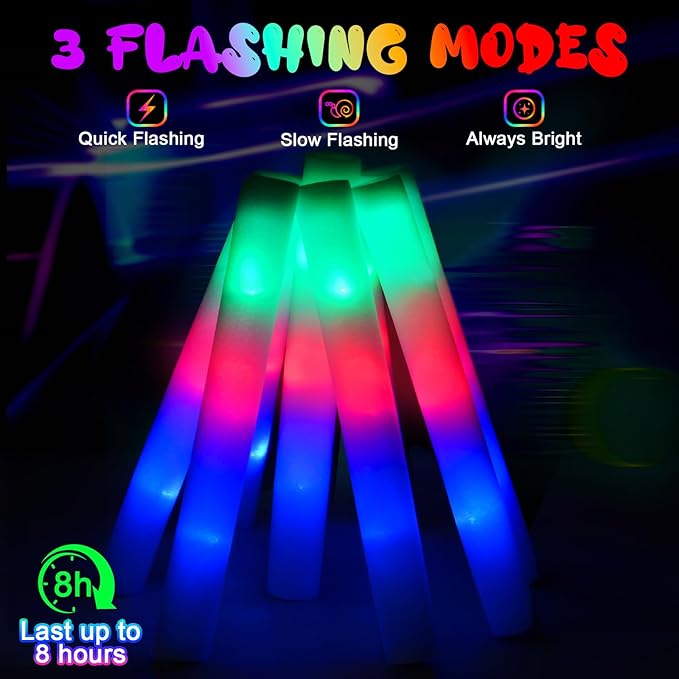200PCS Foam Glow Sticks with 3 Modes Colorful Flashing, LED Light Sticks, Glow Sticks Party Pack for Wedding, Raves, Concert, Party, Christmas Supplies
