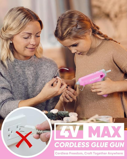 4V Pink Cordless Hot Glue Gun Kit with 30 Multi-Color Glue Gun Sticks, Fast Preheating, USB-C Rechargeable with 2600mAh Built-in Battery, Less-Drip Hot Melt Glue Gun for DIY, Crafting, Art