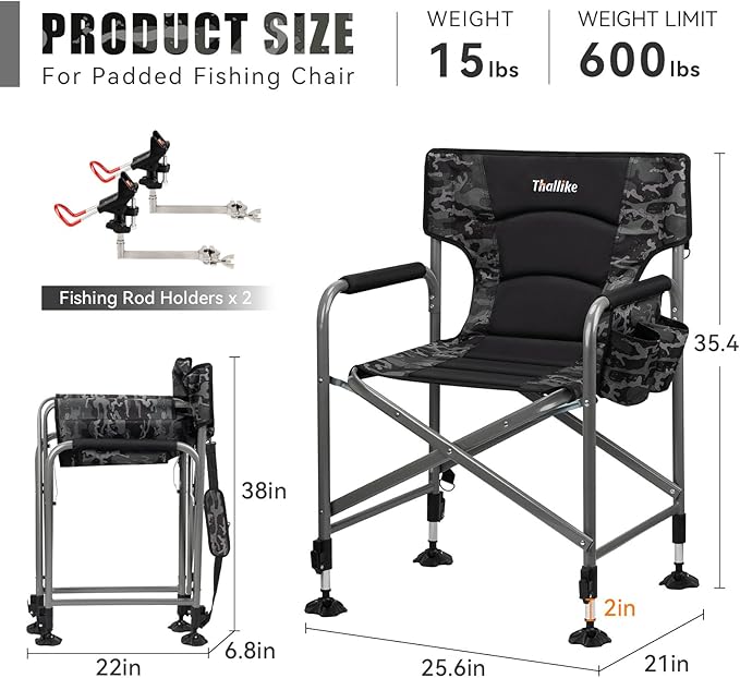 Padded Folding Fishing Chair with 2 Rod Holders for Adults Heavy Duty Adjustable Legs Outdoor Camping Chairs with Side Pocket Shoulder Strap Portable Ice Fishing Chair for Camp Lawn Patio