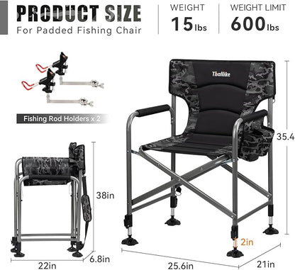 Padded Folding Fishing Chair with 2 Rod Holders for Adults Heavy Duty Adjustable Legs Outdoor Camping Chairs with Side Pocket Shoulder Strap Portable Ice Fishing Chair for Camp Lawn Patio